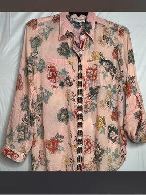 Magazine  Tunic Top Shirt Blouse Floral Embroidered Cotton Button Up. Size M